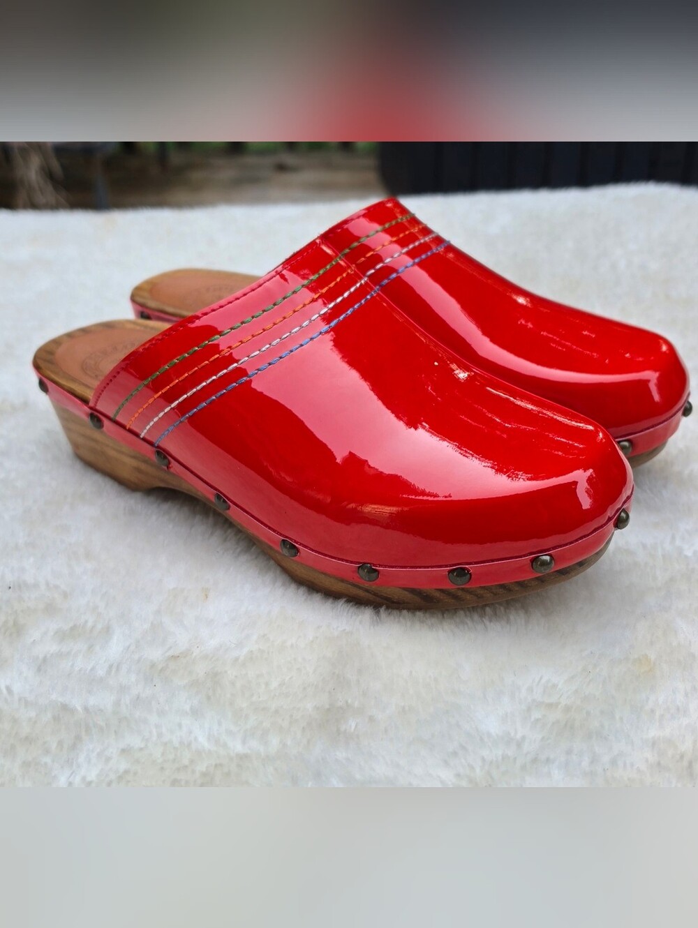 Authentic Penelope Chilvers red patent leather clogs, handcrafted in Spain